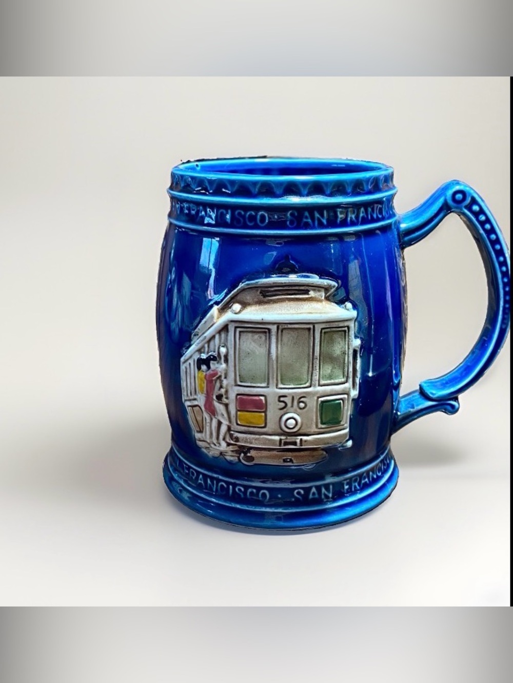 Vintage San Francisco Cable Car Ceramic Beer Stein Mug 3D Relief Blue